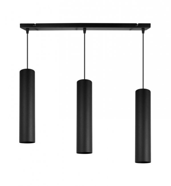 Lampa wisząca na szerokiej prostokątnej listwie 60 cm, 3 podłużne wąskie klosze metalowe tuba 6 cm, GU10 LIGHT HOME