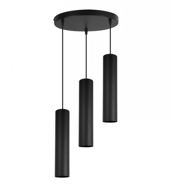 Lampa wisząca na okrągłej podsufitce 30 cm, 3 podłużne wąskie klosze metalowe tuba 6 cm, GU10 LIGHT HOME