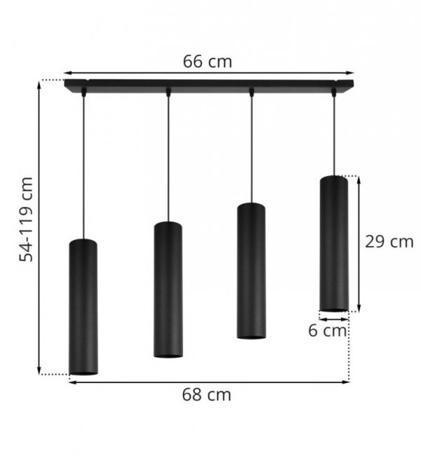 Lampa wisząca na szerokiej prostokątnej listwie 66 cm, 4 czarne podłużne wąskie klosze metalowe tuba 6 cm, GU10 LIGHT HOME