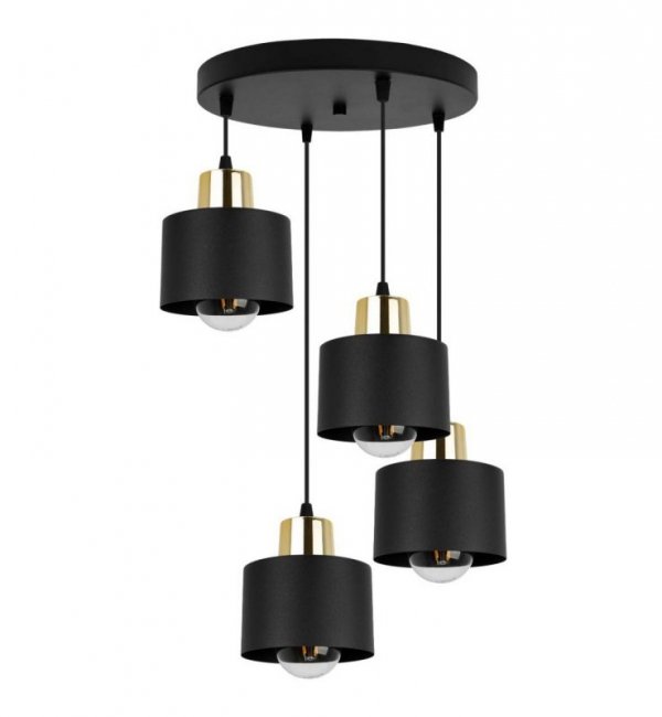 Lampa wisząca na okrągłej podsufitce 30 cm, 4 metalowe, czarne klosze 12 cm ze złotym wykończeniem, E27