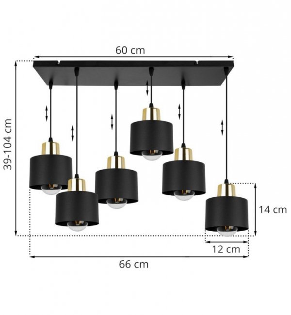 Lampa wisząca z prostokątną podsufitką 60 cm, 6 metalowych czarnych kloszy 12 cm ze złotym wykończeniem, E27