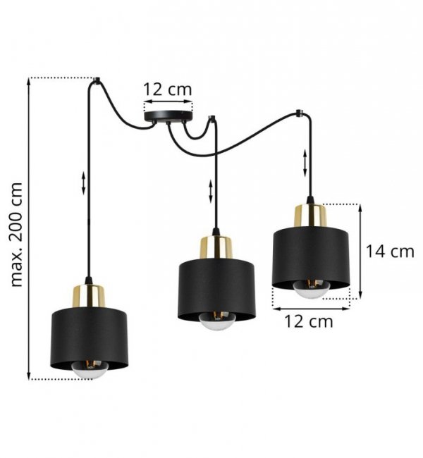 Lampa wisząca typu pająk, 3 czarne metalowe klosze 12 cm, złote wykończenie, E27 LIGHT HOME