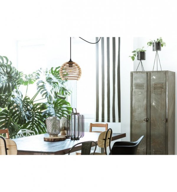 Lampa wisząca typu pająk, klosz drewniana kula ażurowa 21 cm z poziomymi lamelami, okrągła podsufitka, E27 LIGHT HOME