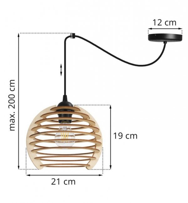 Lampa wisząca typu pająk, klosz drewniana kula ażurowa 21 cm z poziomymi lamelami, okrągła podsufitka, E27 LIGHT HOME