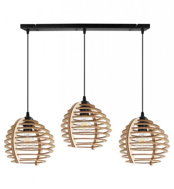 Lampa wisząca na szerokiej listwie 60 cm, 3 drewniane klosze w kształcie ażurowych kul z poziomych lameli 21 cm, E27 LIGHT HOME