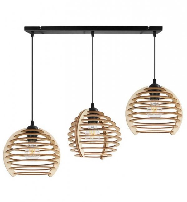 Lampa wisząca na szerokiej listwie 60 cm, 3 drewniane klosze w kształcie ażurowych kul z poziomych lameli 21 cm, E27 LIGHT HOME