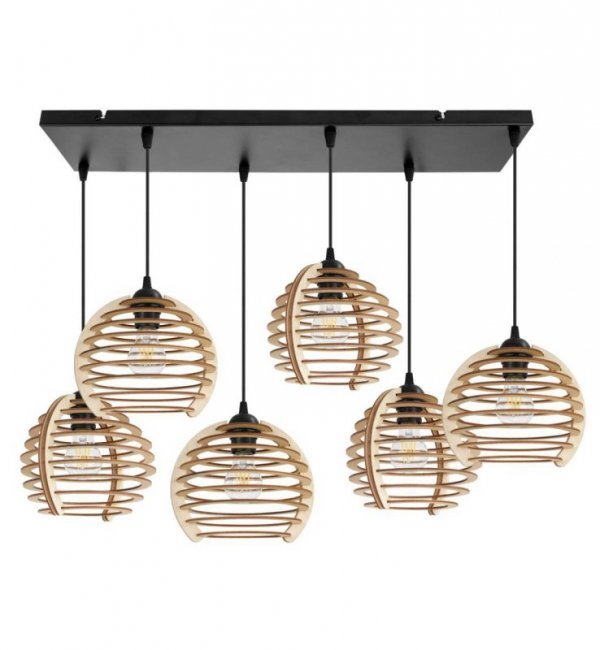 Lampa wisząca z prostokątną podsufitką 60 cm, 6 drewnianych kloszy 21 cm w formie ażurowych kul, E27 LIGHT HOME