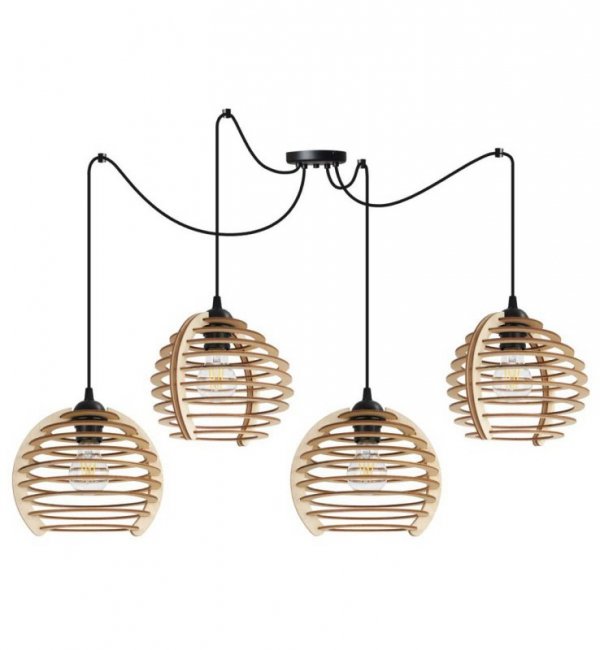 Lampa wisząca typu pająk, 4 klosze drewniana kula ażurowa 21 cm z poziomymi lamelami, okrągła podsufitka, E27 LIGHT HOME