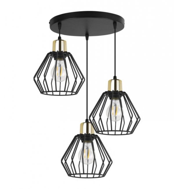 Lampa wisząca na okrągłej podsufitce 30 cm, 3 klosze druciane metalowe czarne 18 cm ze złotym wykończeniem, E27 LIGHT HOME