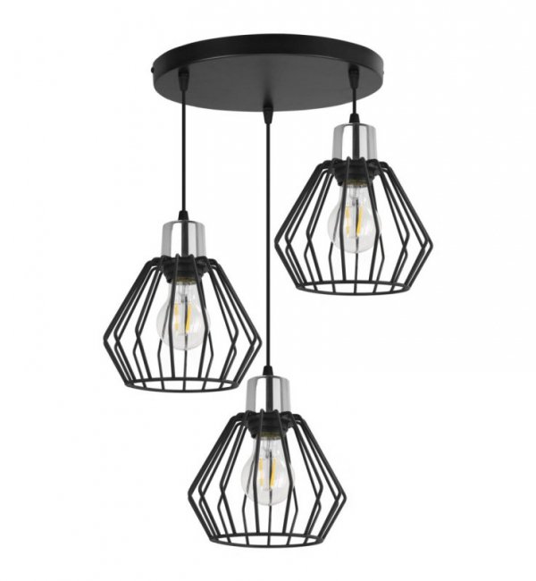 Lampa wisząca na okrągłej podsufitce 30 cm, 3 klosze druciane metalowe czarne 18 cm ze srebrnym, chromowanym wykończeniem, E27 LIGHT HOME