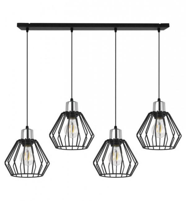 Lampa wisząca na szerokiej listwie 80 cm, 4 klosze druciane czarne metalowe 18 cm ze złotym wykończeniem, E27 LIGHT HOME