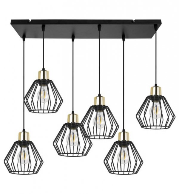 Lampa wisząca na szerokiej listwie 60 cm, 6 drucianych, czarnych, metalowych kloszy 18 cm ze złotym wykończeniem, E27 LIGHT HOME