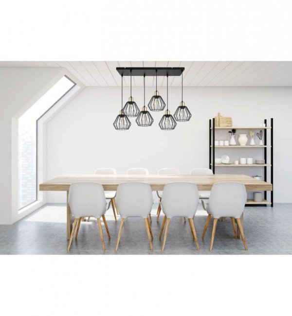 Lampa wisząca na szerokiej listwie 60 cm, 6 drucianych, czarnych, metalowych kloszy 18 cm ze złotym wykończeniem, E27 LIGHT HOME