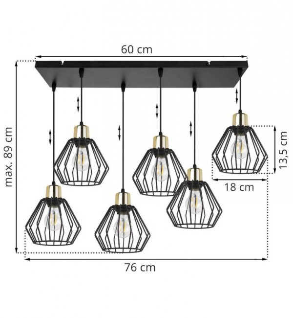 Lampa wisząca na szerokiej listwie 60 cm, 6 drucianych, czarnych, metalowych kloszy 18 cm ze złotym wykończeniem, E27 LIGHT HOME