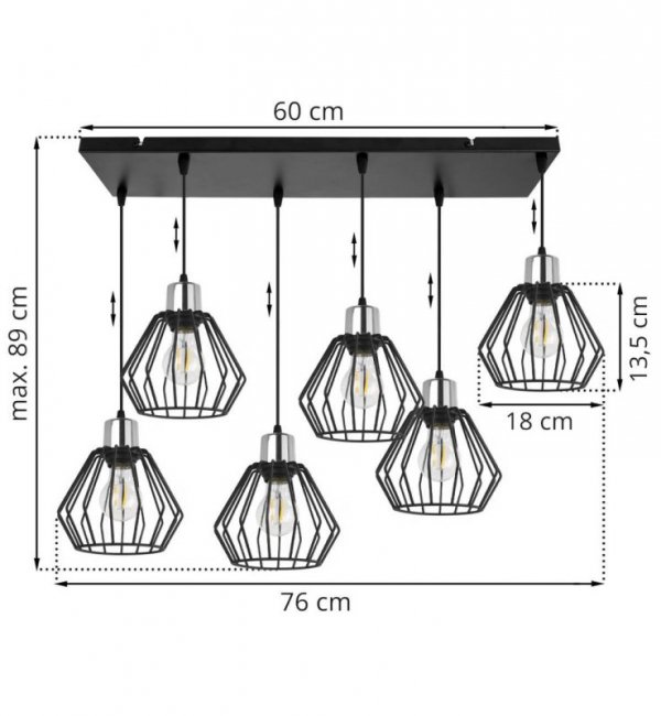 Lampa wisząca na listwie 60 cm, 6 kloszy drucianych czarnych metalowych 18 cm ze srebrnym, chromowanym wykończeniem, E27 LIGHT HOME