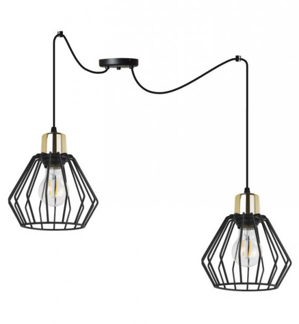 Lampa wisząca typu pająk, 2 klosze druciane czarne metalowe 18 cm ze złotym wykończeniem, E27 LIGHT HOME