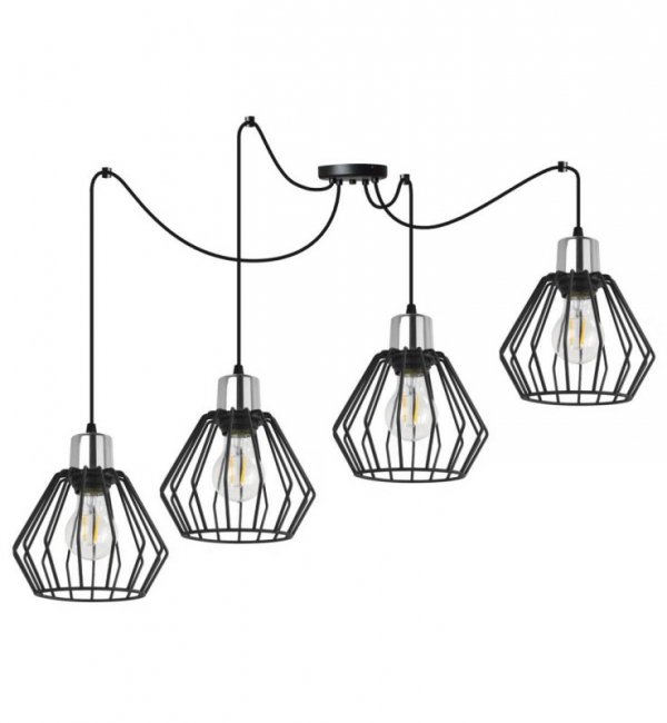 Lampa wisząca typu pająk, 4 czarne druciane klosze 18 cm, srebrne, chromowane wykończenie, E27 LIGHT HOME