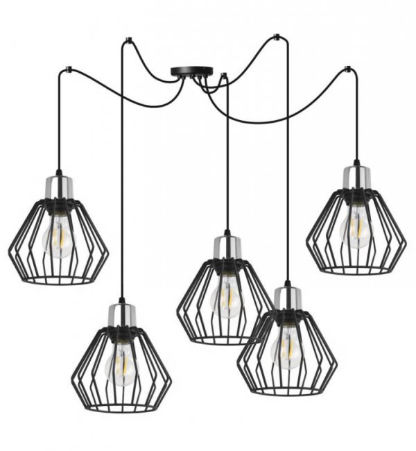 Lampa wisząca typu pająk, 5 czarnych drucianych kloszy metalowych 18 cm, srebrne, chromowane wykończenie, E27 LIGHT HOME
