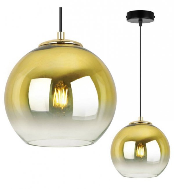 Lampa wisząca ze szklanym kloszem złotym w kształcie kuli 20 cm, okrągła podsufitka 10 cm, E27 LIGHT HOME
