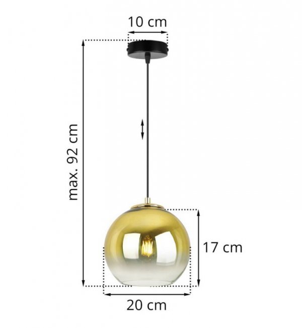 Lampa wisząca ze szklanym kloszem złotym w kształcie kuli 20 cm, okrągła podsufitka 10 cm, E27 LIGHT HOME