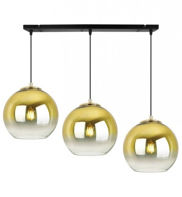 Lampa wisząca na szerokiej prostokątnej listwie 60 cm, 3 klosze szklane złote kule 20 cm, E27 LIGHT HOME