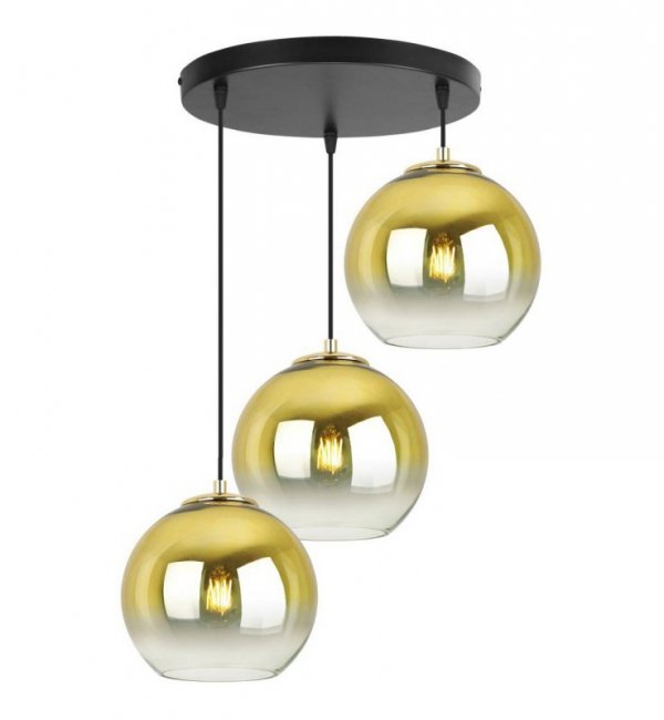 Lampa wisząca na okrągłej podsufitce 30 cm, 3 klosze szklane złote kule 20 cm, E27 LIGHT HOME