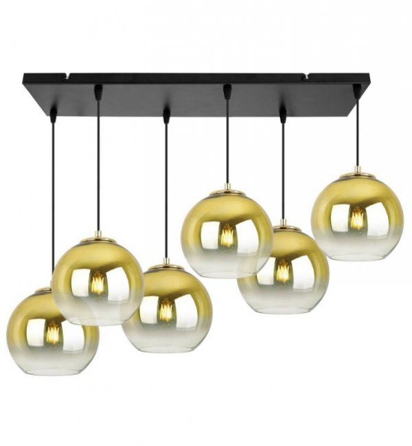 Lampa wisząca na szerokiej prostokątnej listwie 60 cm, 6 kloszy szklane złote kule 20 cm, E27 LIGHT HOME