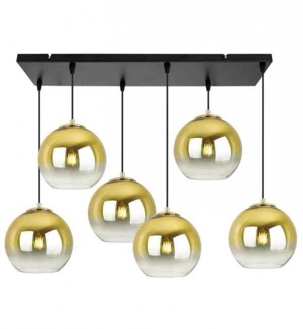 Lampa wisząca na szerokiej prostokątnej listwie 60 cm, 6 kloszy szklane złote kule 20 cm, E27 LIGHT HOME