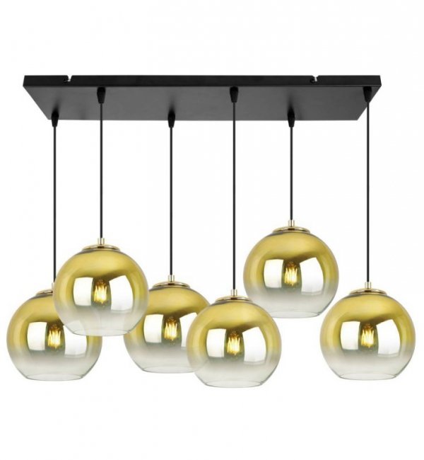 Lampa wisząca na szerokiej prostokątnej listwie 60 cm, 6 kloszy szklane złote kule 20 cm, E27 LIGHT HOME