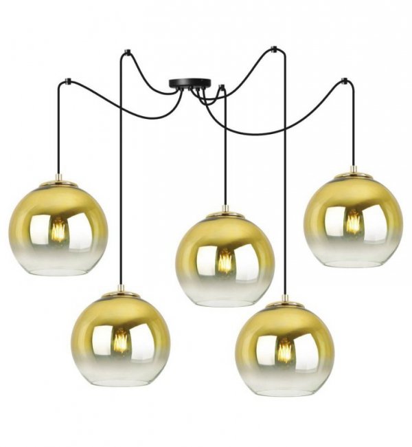 Lampa wisząca typu pająk, 5 kloszy szklanych złotych kul 20 cm, E27 LIGHT HOME