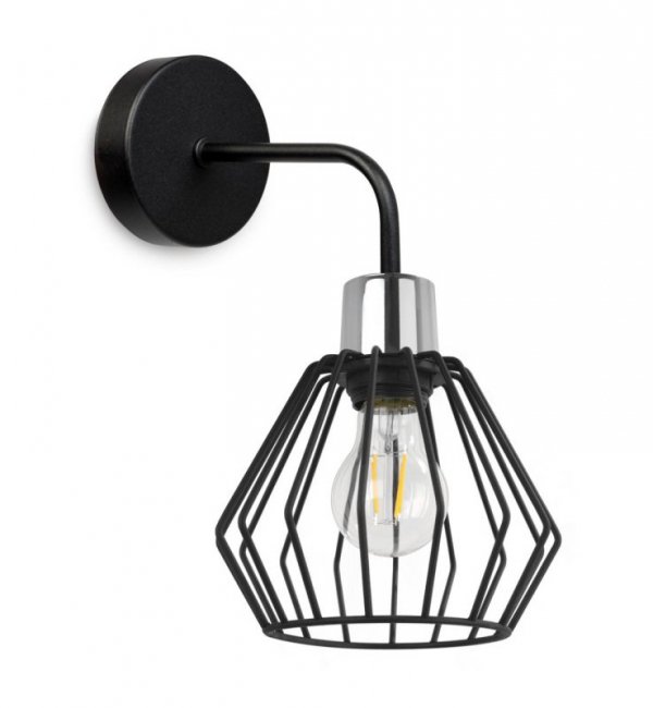 Kinkiet ścienny na zaokrąglonym ramieniu, druciany klosz metalowy czarny 18 cm ze srebrnym, chromowanym wykończeniem, E27 LIGHT HOME