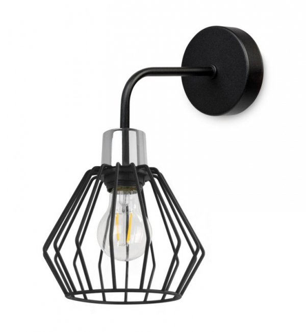 Kinkiet ścienny na zaokrąglonym ramieniu, druciany klosz metalowy czarny 18 cm ze srebrnym, chromowanym wykończeniem, E27 LIGHT HOME