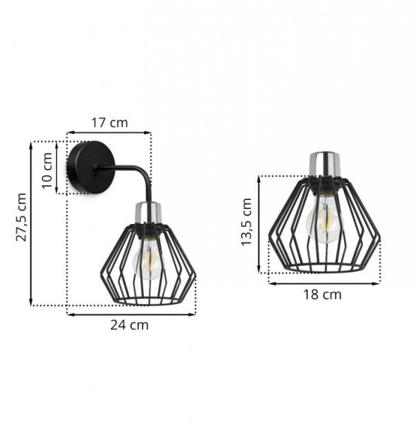 Kinkiet ścienny na zaokrąglonym ramieniu, druciany klosz metalowy czarny 18 cm ze srebrnym, chromowanym wykończeniem, E27 LIGHT HOME