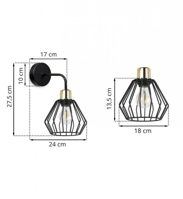 Kinkiet ścienny na zaokrąglonym ramieniu, klosz druciany metalowy czarny 18 cm ze złotym wykończeniem, E27 LIGHT HOME