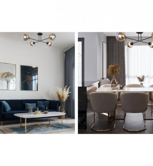 Lampa sufitowa ASTURIA, czarny żyrandol na 4 żarówki, złote klosze glamour, E27