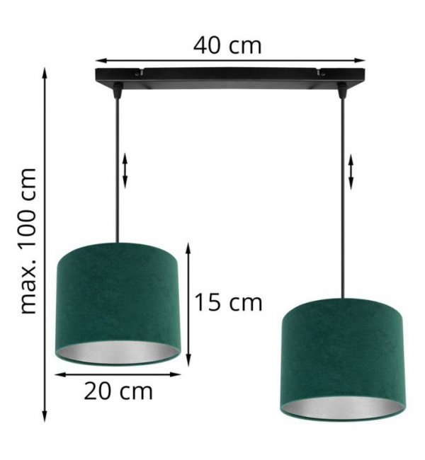 OUTLET -10% Regulowana lampa wisząca, prostokątna podsufitka, 2 welurowe abażury, 20 cm, kolor zielony, E27