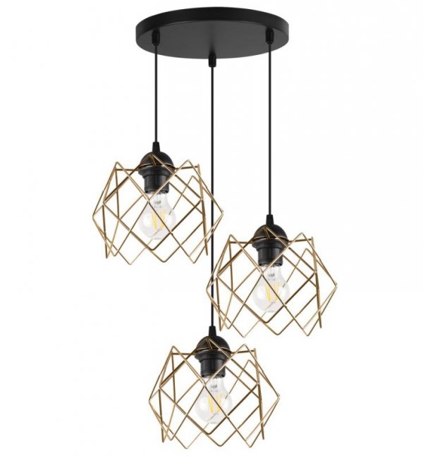 Lampa wisząca sufitowa STELLA, potrójny żyrandol z okrągłą listwą, czarny, złote klosze, styl loft