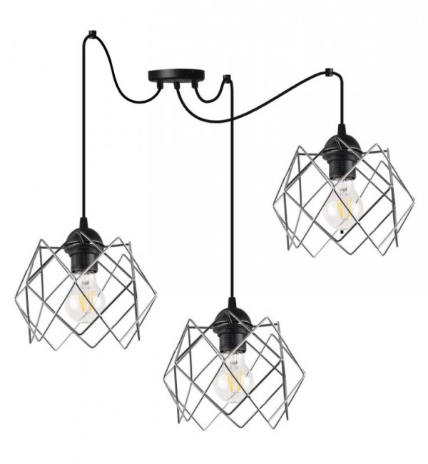 Lampa wisząca typu pająk STELLA, sufitowa, czarny długi żyrandol loft, srebrne klosze chrom, potrójny