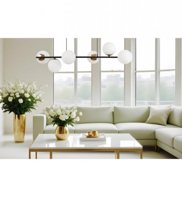 Lampa wisząca SIENA, sufitowa, czarny długi żyrandol loft typu listwa, białe szklane kule, nad stół