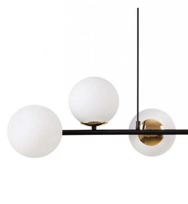 Lampa wisząca SIENA, sufitowa, czarny długi żyrandol loft typu listwa, białe szklane kule, nad stół