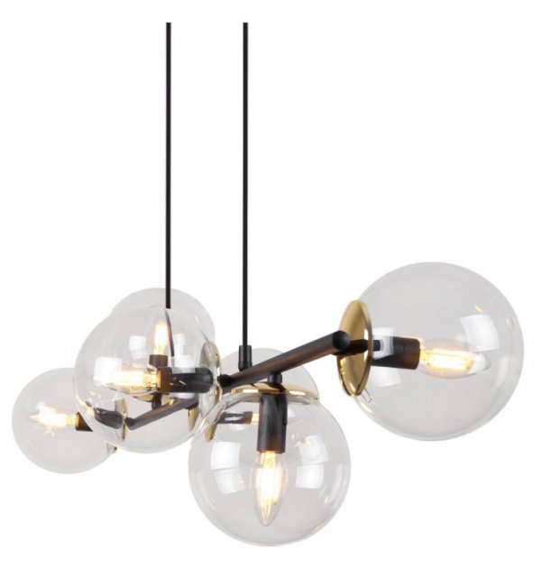 Lampa wisząca SIENA, sufitowa, czarna listwa do kuchni i salonu, szklane przezroczyste kule, 6xE14