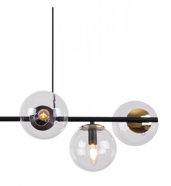 Lampa wisząca SIENA, sufitowa, czarna listwa do kuchni i salonu, szklane przezroczyste kule, 6xE14