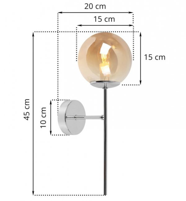 Lampa typu kinkiet, SIENA, plafon ścienny w stylu glamour, wykończenie chrom, szklany miodowy klosz