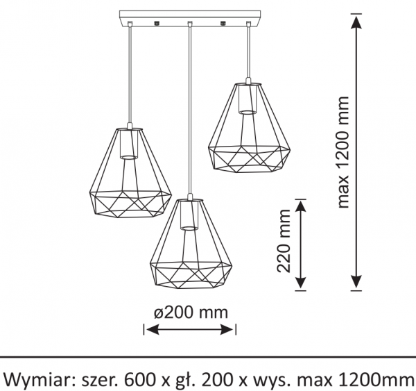 GOLDLUX POLUX VIGO 314628 LAMPA WISZĄCA POTRÓJNA NA LISTWIE CZARNA DRUCIANA METALOWA