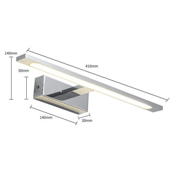 KINKIET CHROM NAD LUSTRO DO ŁAZIENKI 41CM HERMETYCZNY 3000K BARWA ŚWIATŁA CIEPŁA LIGHT PRESTIGE ISLA IP44 GS-LWB-12W/3 CH