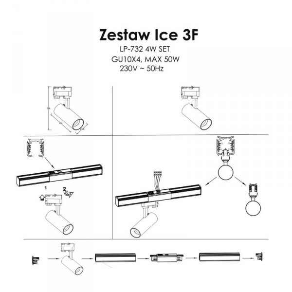 GOTOWY ZESTAW SZYNOPRZEWÓD 3-FAZOWY CZARNY REFLEKTORKI LIGHT PRESTIGE ICE  LP-732 4W WH SET
