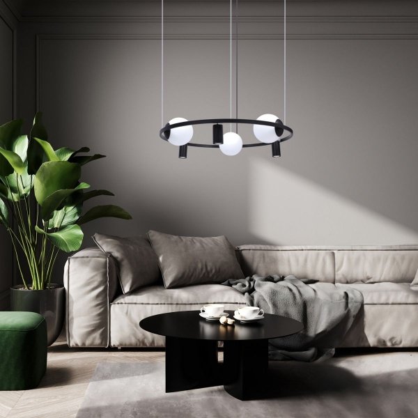 LAMPA WISZĄCA CZARNA KLOSZE KULE NA KOLE Z BIAŁYMI KLOSZAMI KULAMI DO SALONU SYPIALNI 5006 ORBIT ZUMALINE