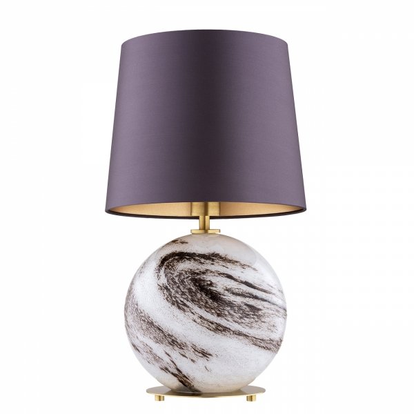LAMPA STOŁOWA LAMPKA NOCNA SZKLANA MOSIĄDZ SZCZOTKOWANY ALABASTROWA Z ABAŻUREM ŚLIWKOWYM DO SALONU SYPIALNI GLAMOUR ARGON HARLEM 8548