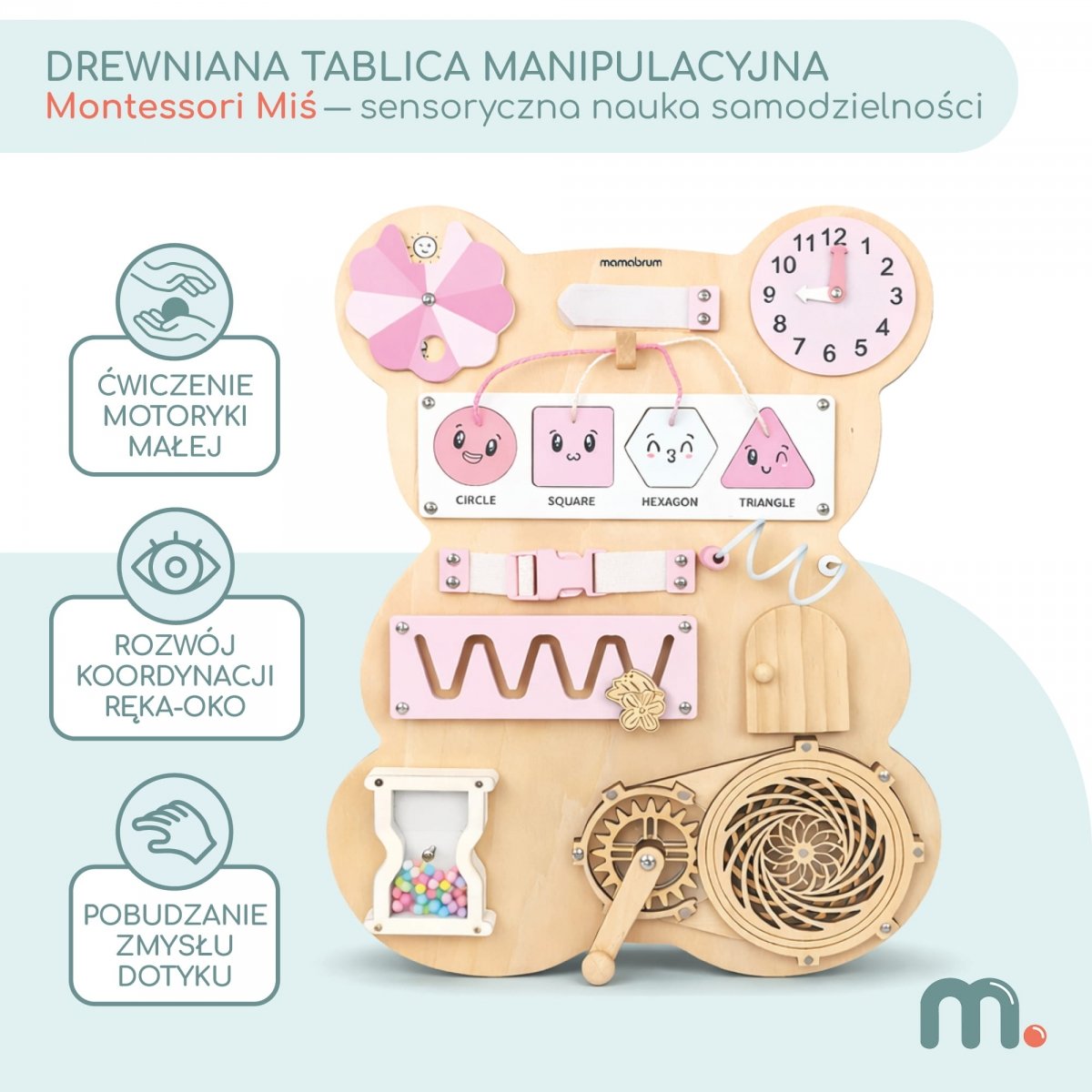 Drewniana tablica sensoryczna Montessori Miś Mamabrum – zegar, kształty ...