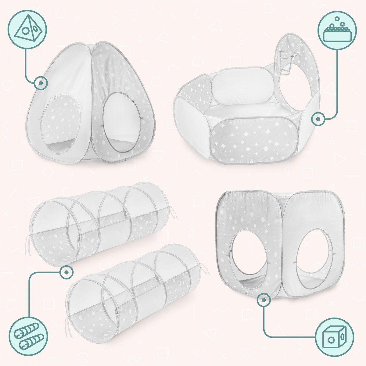 Duży zestaw do zabawy 5 w 1 - dwa namioty, tunele, basen na piłki - plac zabaw dla dziecka do pokoju i ogrodu, labirynt
